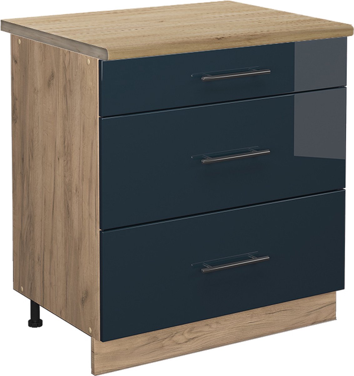Vicco Fame-Line Keukenkasten – 80 cm met 3 laden, WB Eik Donkerblauw hoogglans Donkerblauw hoogglans/Goudkleurig Eiken