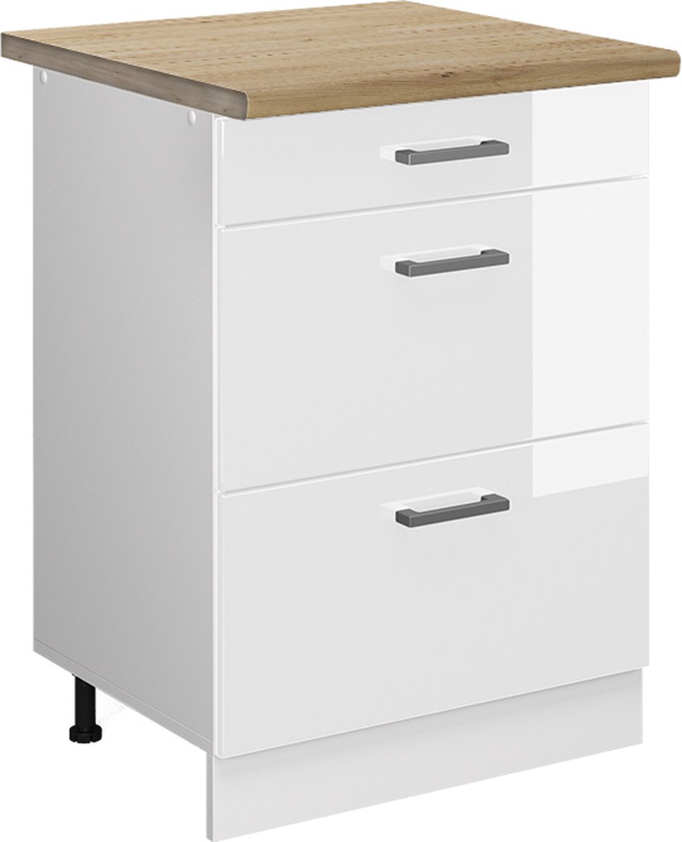 Vicco R-Line Keukenonderkast – 60 cm met laden, WB Eik Wit Hoogglans