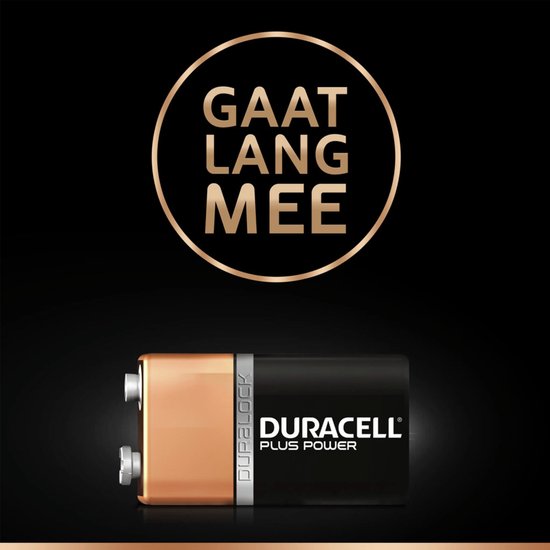 Duracell Plus Power 9V batterij met "Gaat Lang Mee" tekst.