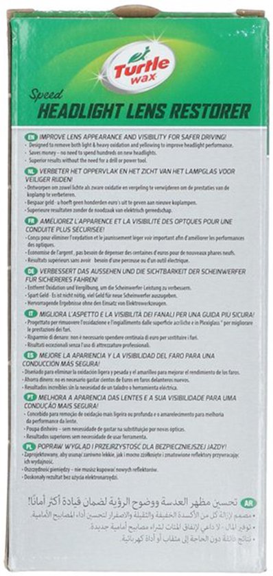 Boîte de restauration de phares Turtle Wax Speed avec informations produit en plusieurs langues.