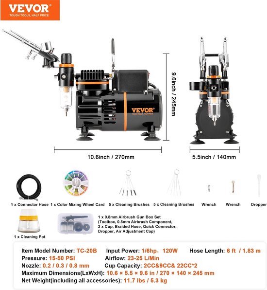 VEVOR Airbrush-set, luchtcompressor met dubbele ventilator, professionele airbrush-systeemset met 3 airbrushes, houder, kleurenmengwiel, reinigingsborstelset, airbrush-set voor kunst, nagels, koekjes