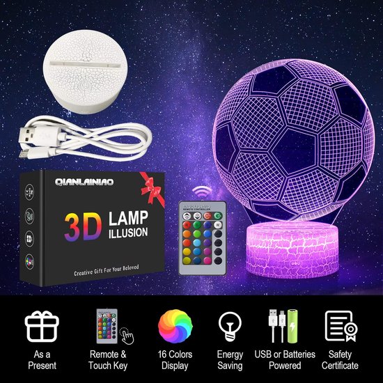 Voetbal 3D Nachtlampje - 16 Kleurenwissel & Afstandsbediening - Perfect Cadeau voor Sportfans, Jongens en Meisjes van Merkloos — afbeelding 4