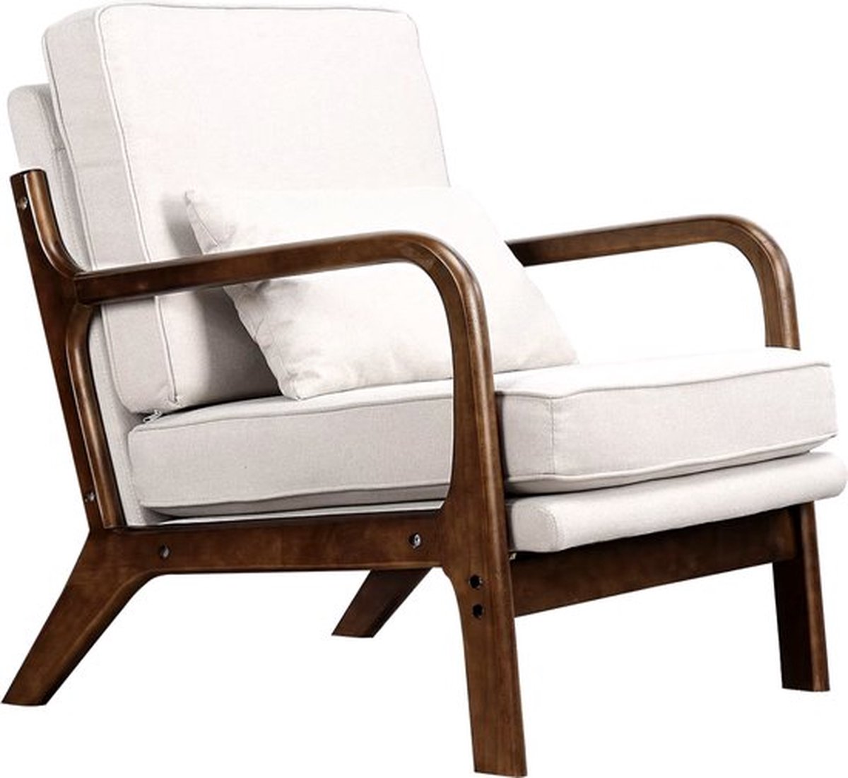 Mrs. Jones Stoel Retro stoel Zachte stoel Woonkamer stoel Fauteuil Donker houten frame Beige linnen kussens