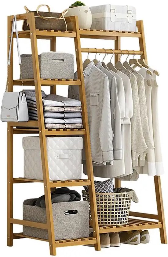 Bruine VidaXL Kledingrek - 110x40x175 Cm - Bamboe Met Schappen Bamboerekken Kledingkast Garderobe Opbergoplossing Kasten Rek