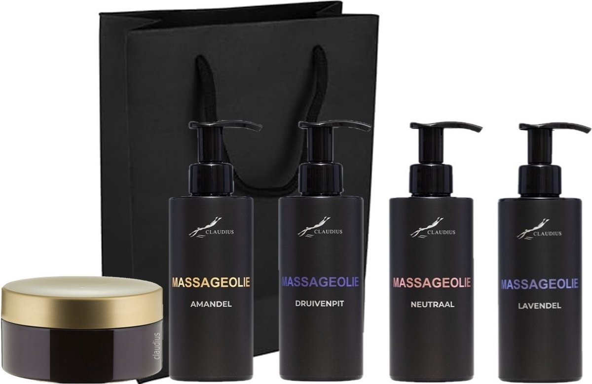 Goedkoopste Massageolie Set - Lavendelolie 100 Amandelolie Massageolie Neutraal 100 natuurlijke druivenpitolie Scrubzout 300 gram - 300 ml per fles - set van 5 stuks - met luxe gift tas - cadeau - giftset voor hem en haar
