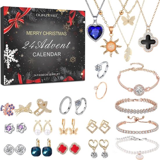 Adventskalender 2024 Sieraden voor Vrouwen Modieuze Kerstbedels 24 Verrassingen Ketting Ring Countdown Sieradenset Kerstcadeau voor Meisjes Vrouwen Tieners en Kinderen Metaal