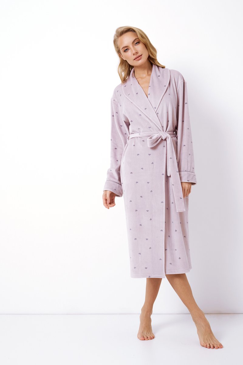 Paarse Dames Badjas Izzie-Fluweelzacht met Hartjesmotief-Satijnen Details-Maat L