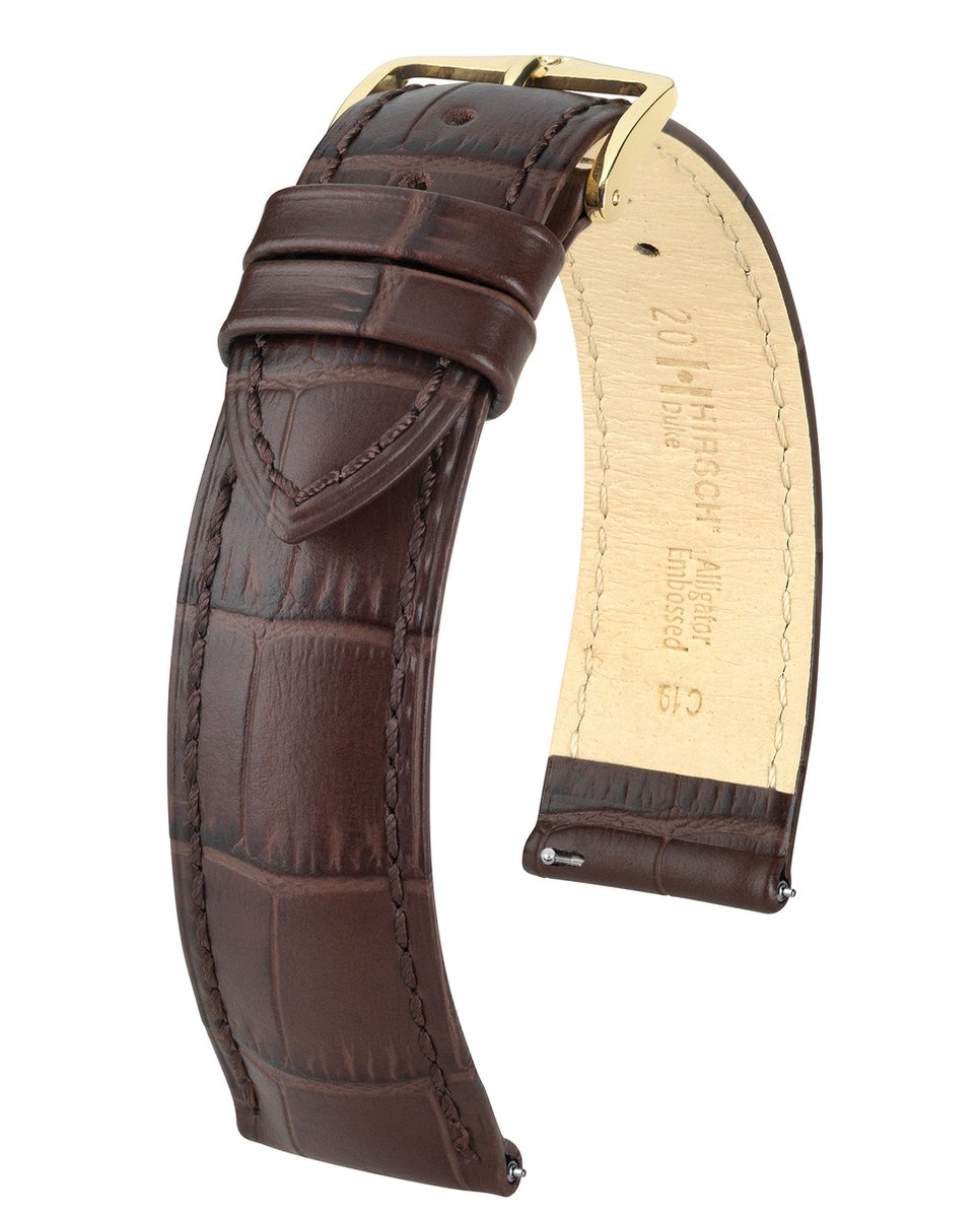 HIRSCH Duke Horlogebandje - Italiaans kalfsleer met reliëf van alligator en halfmat oppervlak, 18 mm Breedte bevestiging, bruin - glanzend goud Sluit, past op Garmin, Huawei Watch