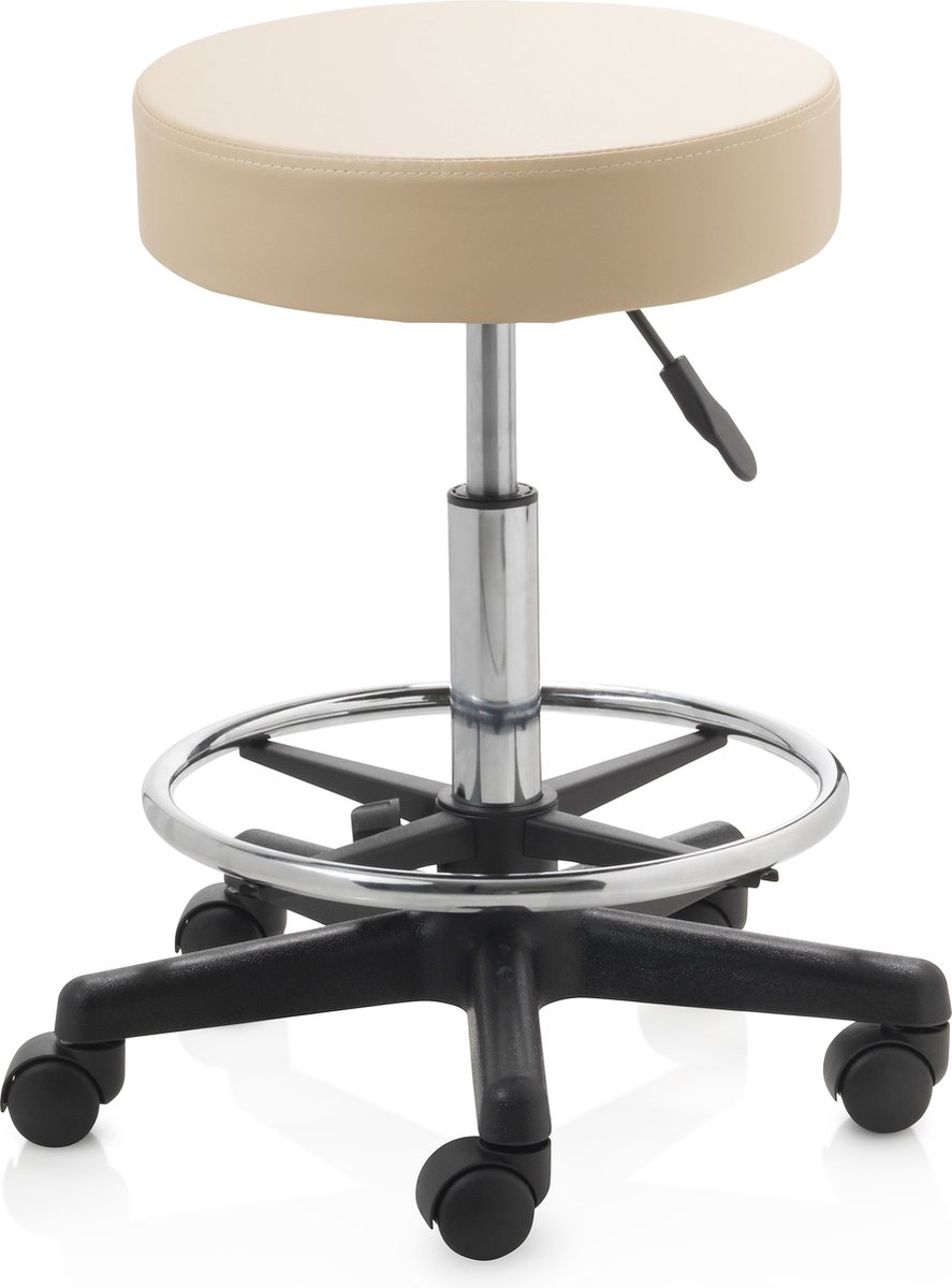 ZenGrowth ergonomische tabouret met middelhoge gasveer beige - Kapperskruk op zachte wielen – Met voetring – Tabouret - In hoogte verstelbaar