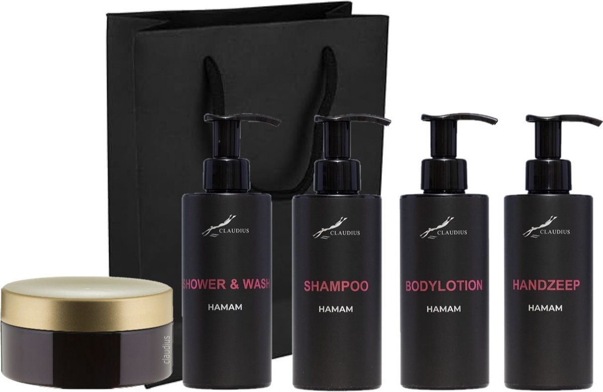Goedkoopste Compleet pakket Hamam - Shower & Wash Shampoo Bodylotion Handzeep Scrubzout 300 gram - 300 ml per fles - complete set van 5 stuks - met luxe gift tas - kerst cadeau - giftset voor hem en haar -