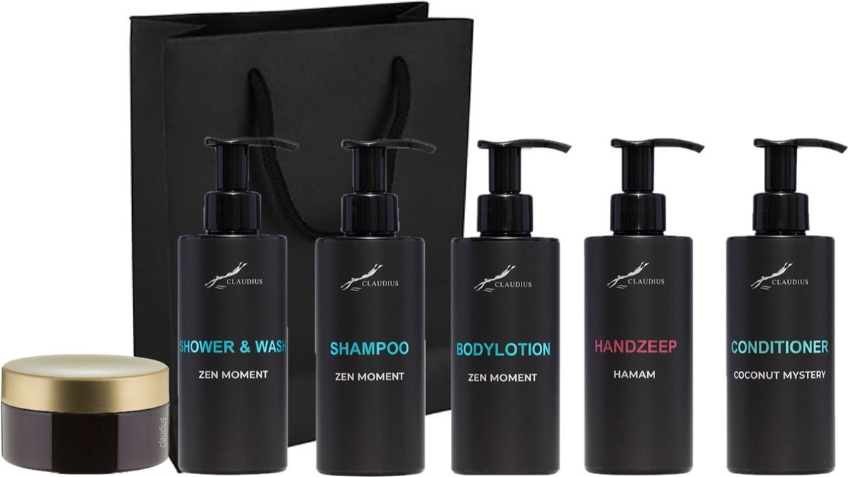 Goedkoopste Compleet pakket Zen Moment - Shower & Wash Shampoo Bodylotion Hamam Handzeep Coconut conditioner Scrubzout 300 gram - 300 ml per fles - complete set van 6 stuks - met luxe gift tas - kerst cadeau - giftset voor hem en haar
