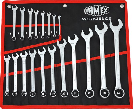 FAMEX gereedschap, set van 19 combinatiesleutels in een zwarte opberghoes met rode rand.