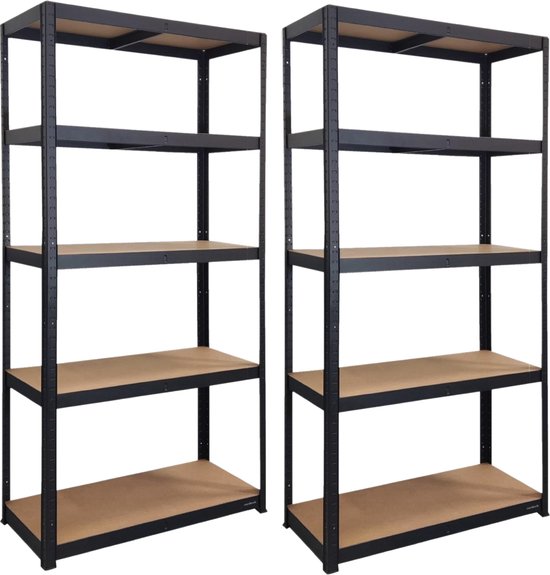 Nordevik Stellingkast - Set van 2 - 180x90x40cm - Gemaakt van extra sterk metaal - Opbergrek - 5 planken - 875kg draagkracht - Zwart