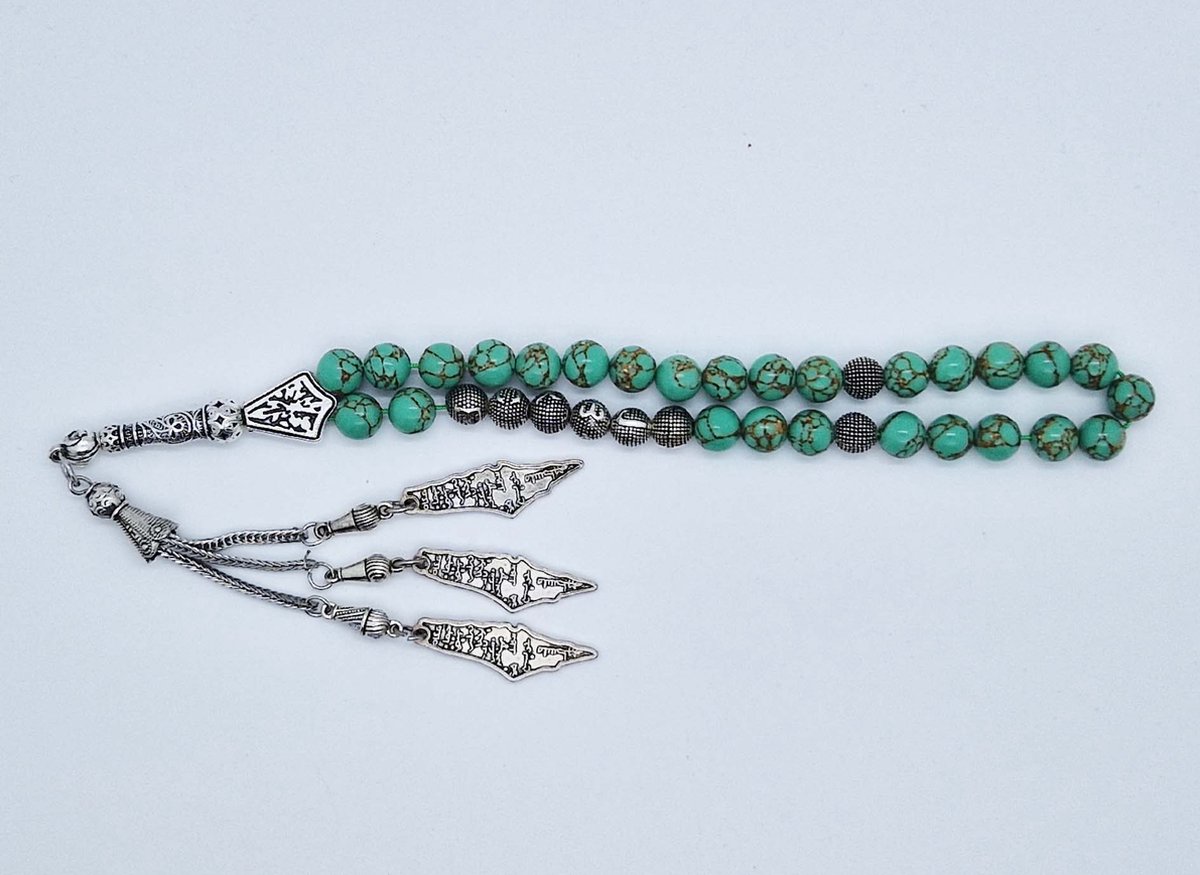 Handgemaakte naam tasbih 33 Kralen Natuursteen “ Groen howliet gesponnen goud” - met metaal tassel “Palestina"- Met je naam of de naam van uw geliefde- 8 mm diameter van de korrel