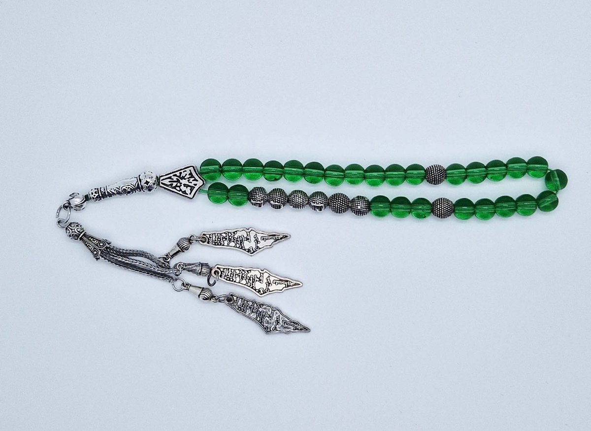Handgemaakte naam tasbih 33 Kralen Natuursteen “ Groene kwartz” - met metaal tassel “Palestina"- Met je naam of de naam van uw geliefde- 8 mm diameter van de korrel