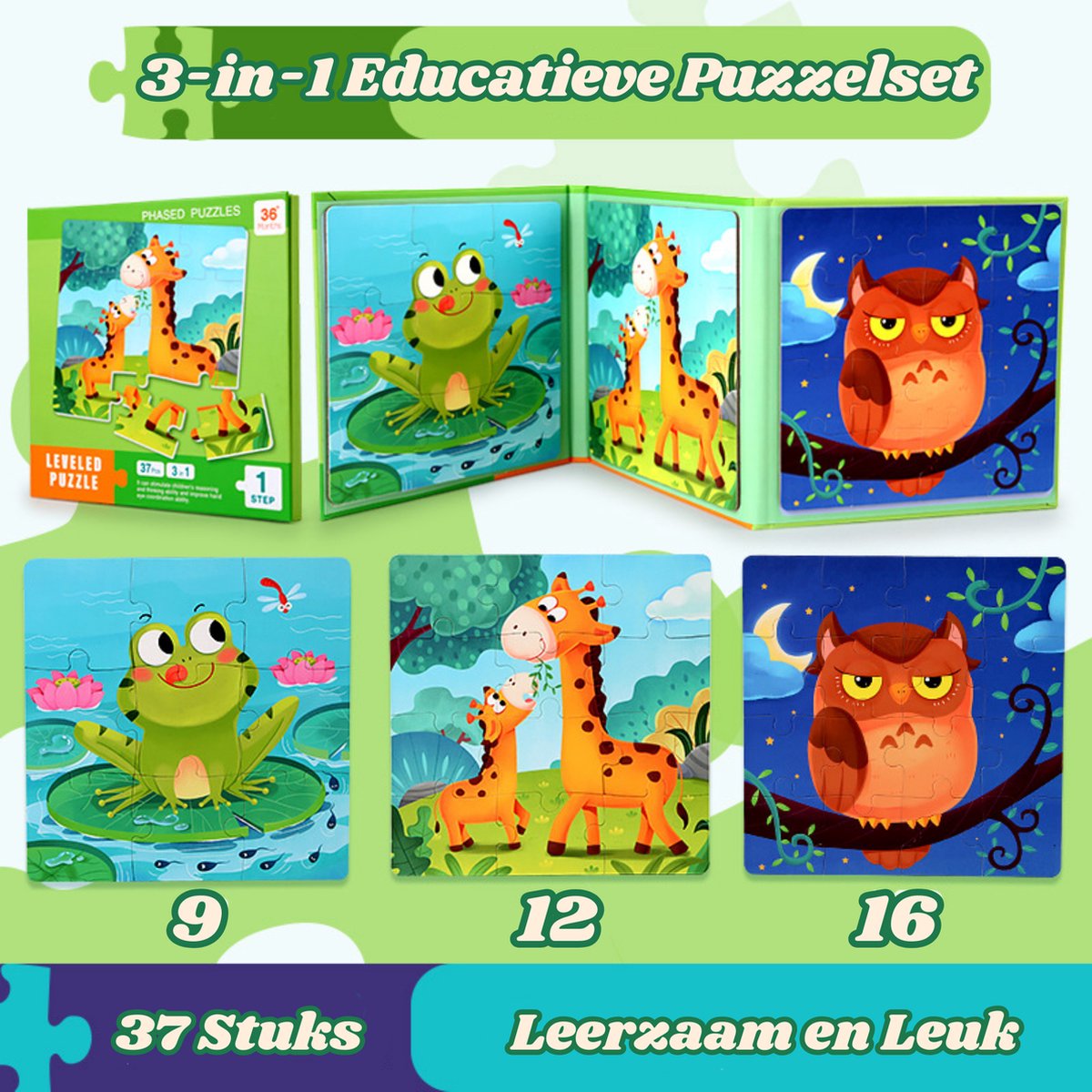 Leerkracht 3-in-1 Magnetische Puzzel - Educatief Speelgoed - 9/12/16 Stukjes - Thema Dieren - Speelgoed - Puzzel