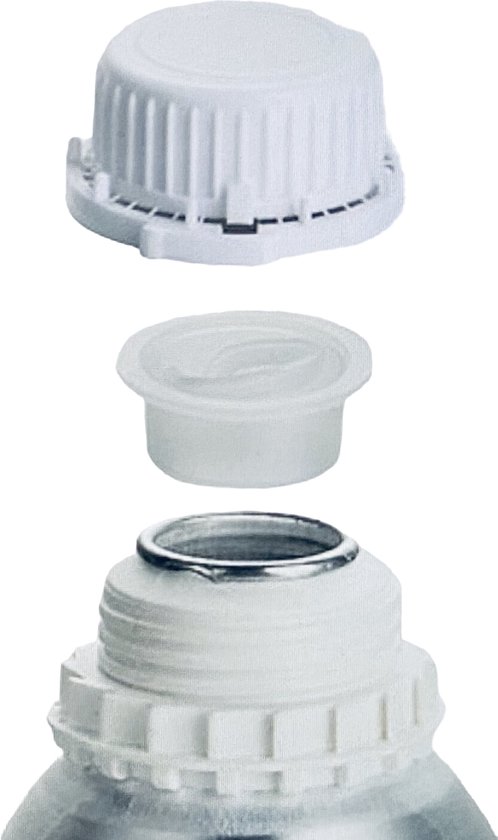 Een witte schroefdop met een transparant plugje, los van elkaar.
