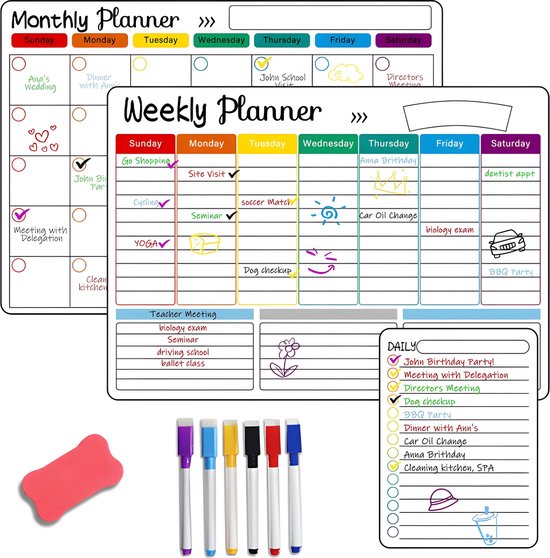Langaelex Set van 2 Weekplanners Afwasbaar Duits - Magnetisch Koelkastbord Acryl met 6 Krijtstiften voor To-Do Lijsten, Menu Planning en Boodschappenlijstjes - A4 (30 x 20 cm