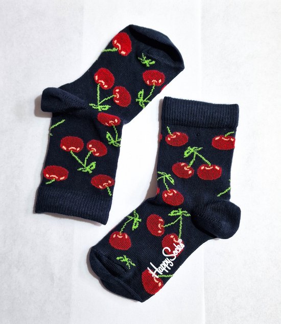 Donkerblauwe Happy Socks kindersokken met een vrolijke kersenprint en het Happy Socks logo.