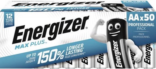 Piles Energizer Max Plus AA, 50 unités en pack professionnel, avec une mascotte de pile cartoon montrant ses biceps.