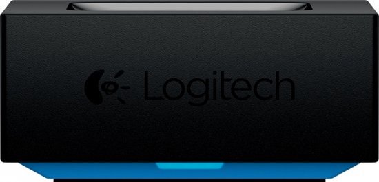 Zwarte Logitech adapter met blauwe basis en Logitech logo.