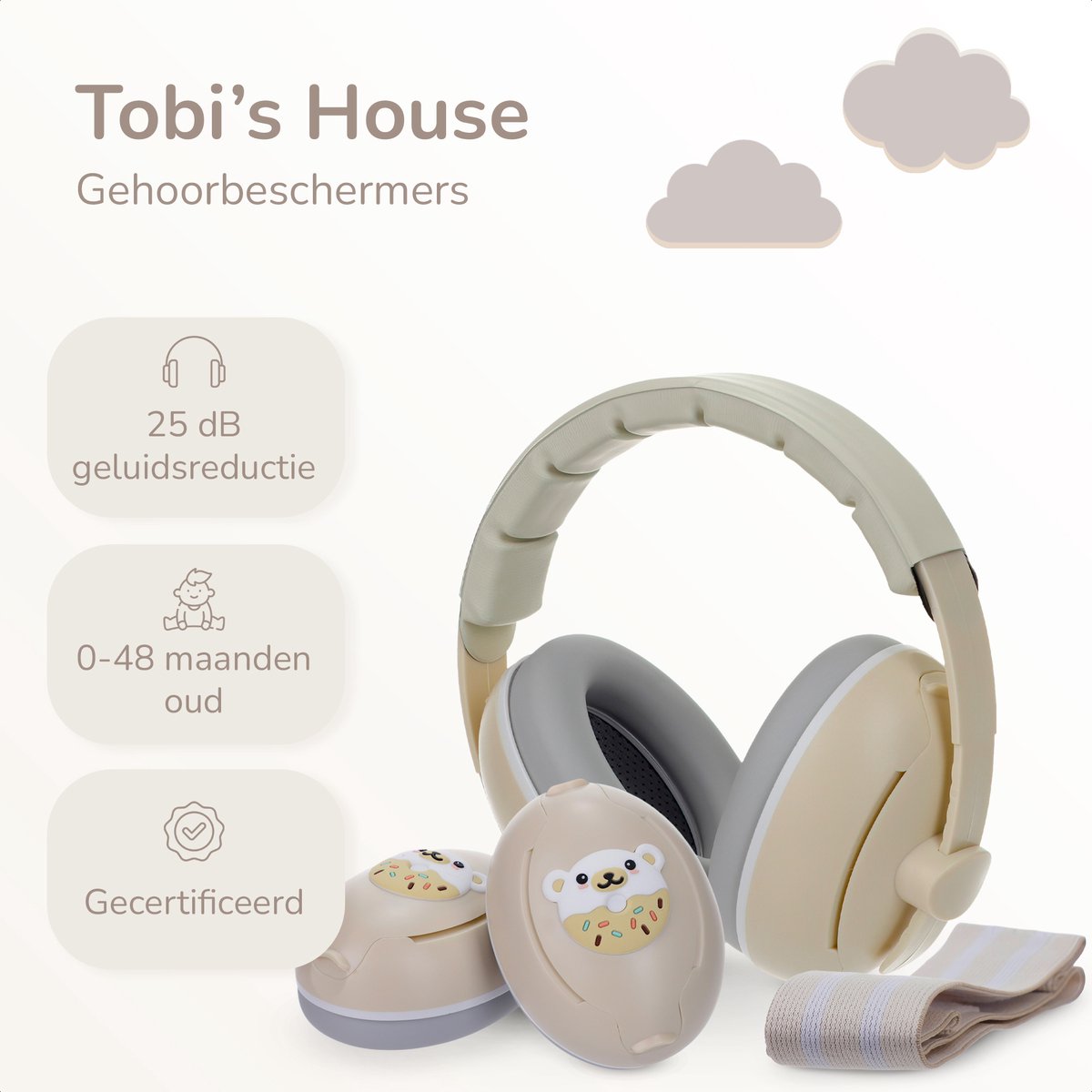 Tobi's House Gehoorbescherming Baby & Kind - Geluidsdempende Koptelefoon - Oorkappen Kinderen - Oorbeschermers Baby - Gehoorbescherming Kinderen - Gehoorbeschermers - 25 dB - Verstelbaar - Beige – foto 3