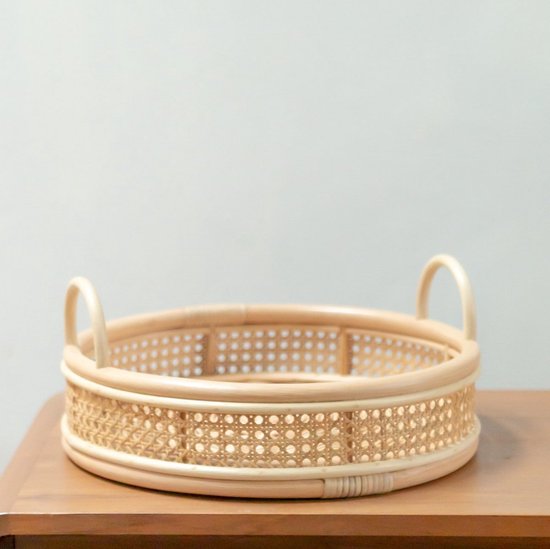 Rotan rond dienblad met handgrepen set van 3, handgeweven rotan dienblad wikkeldienblad, geweven broodmand fruitmanden, rustiek decoratief dienblad voor het serveren van gerechten, crackers, gebak