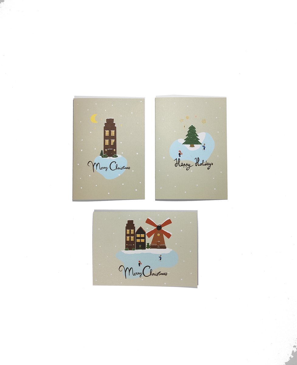 15x Kerstkaarten Handgemaakt Kerstdorp met Enveloppen (C6 formaat) - Kaartenset - Thema: Kerstdorp - tekst “Merry Christmas” “Happy Holidays” - Blanco Binnenkant - Kerstkaart - Handgemaakte Luxe Kerstkaarten - Wenskaarten