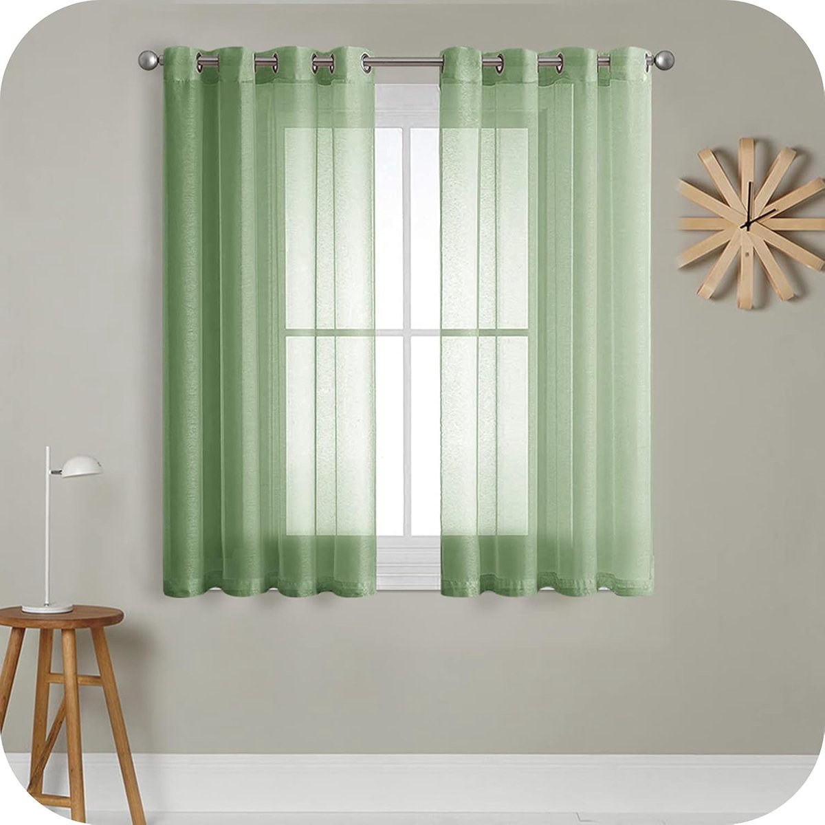 PolkaHome Transparant voilegordijn, 137 cm kort, 2 panelen, linnenlook, met zeilringen, voor slaapkamer, woonkamer, terrasdeur, 140 x 137 cm, saliegroen