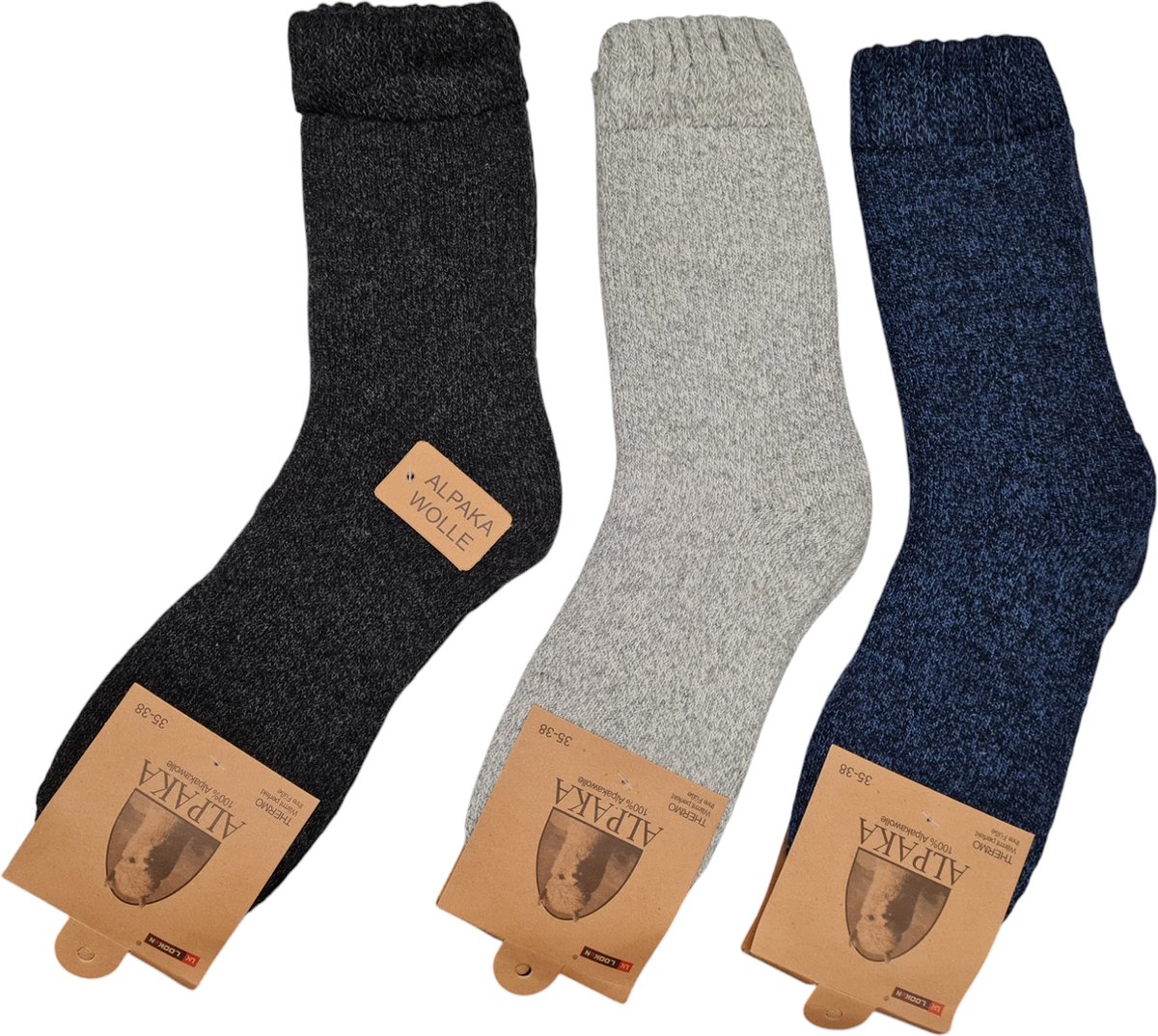 Alpaca Wollen Sokken- Huissokken - Wintersokken - Thermosokken - 3Pack – Zwart LGrij Blauw - 35-38