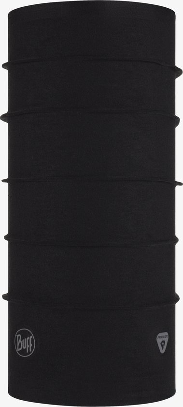 Zwarte nekwarmer van BUFF®, met een matte textuur en horizontale plooien.