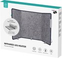 Doos van de Sinji infrarood leg heater met een afbeelding van de grijze opvouwbare kachel en een zachte deken.