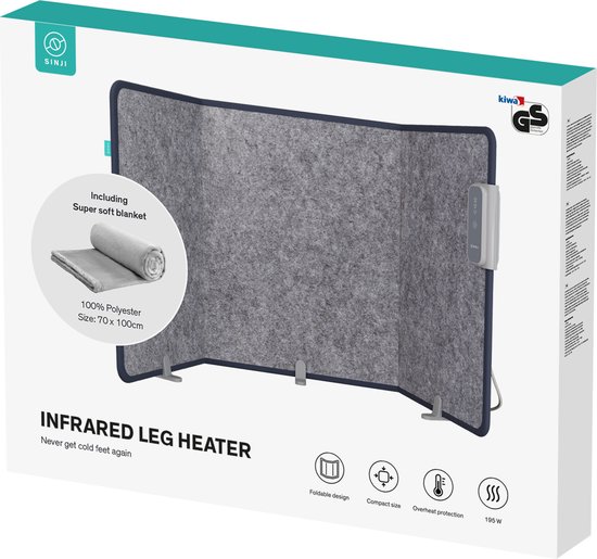 Doos van de Sinji infrarood leg heater met een afbeelding van de grijze opvouwbare kachel en een zachte deken.