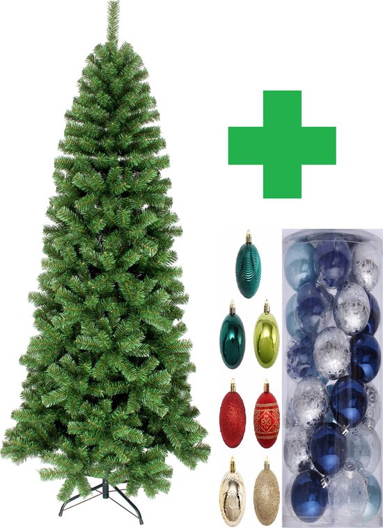 Premfy Smalle Kunstkerstboom 180 cm - Inclusief Kerstballen Versiering - met 550 takken - Mooi Vol - Zonder verlichting - Pencil Pine - Extra smalle Kunstkerstboom - Kerstboom voor smalle of kleine ruimtes - GROEN - Inclusief Standaard - Kunststof