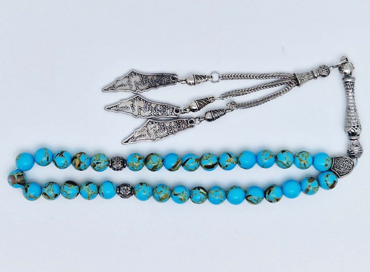 Handgemaakte tesbih klassiek - "Tasbih" natuursteen " Turkoois bakeliet " - Aantal kralen 33 - Diameter kralen 8 MM - met metaal tassel "Palestina" - Een mooi cadeau-idee