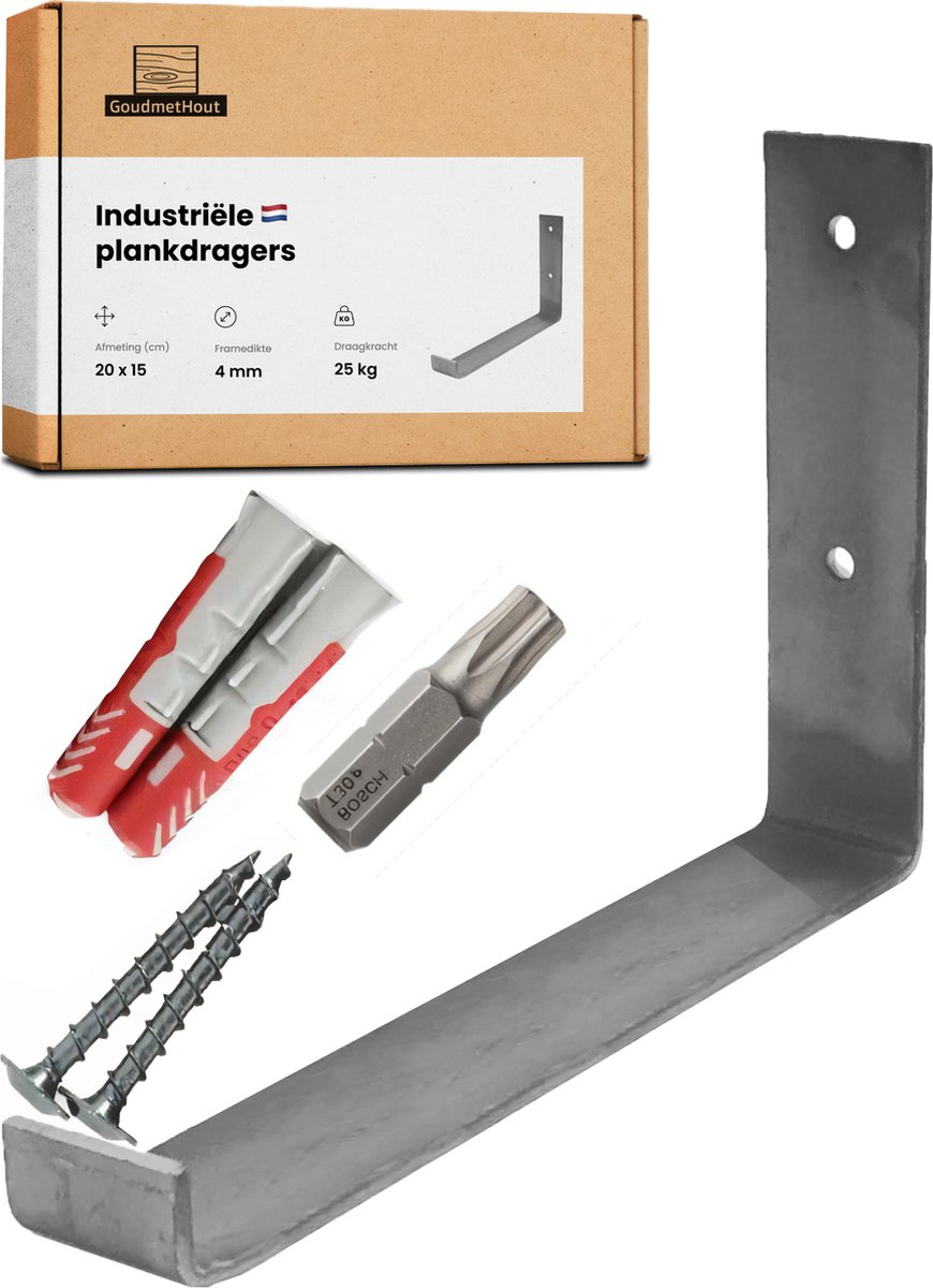 GoudmetHout® Industriële Plankdragers L-vorm UP - 20 cm - Stalen Plankdrager voor Wandschap, Muurrek of Wandconsole - Max 25 kg - 1 stuk - Zonder Coating