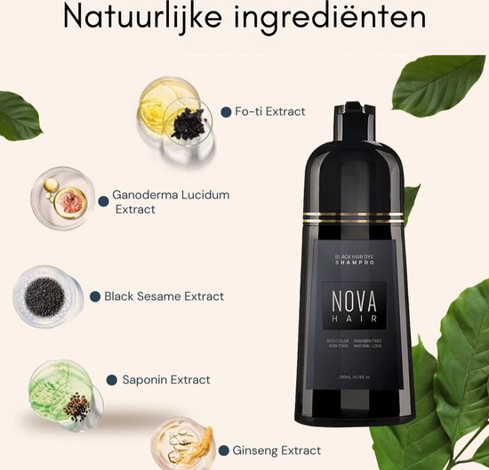 Fles zwarte haarkleur shampoo met gouden accenten en de tekst 'Natuurlijke ingrediënten', naast extracten van Fo-ti, Ganoderma Lucidum, Zwarte sesamzaad, Saponine en Ginseng.