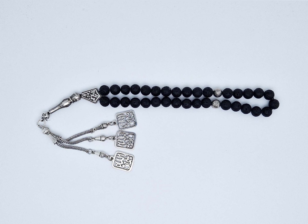 Handgemaakte tesbih "tasbih" natuursteen " Lava Donker " - Aantal kralen 33 - Diameter kralen 8 MM - met metaal tassel "model 2" - Een mooi cadeau-idee