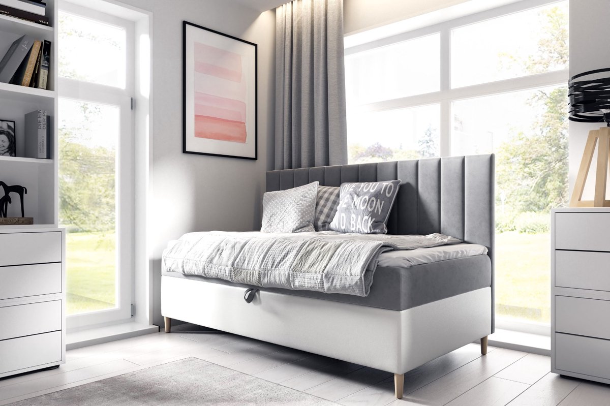 boxspring junior - 90x200- grijs +wit- met vaste matras - bed of sofa zetel met opbergruimte en topper 4cm