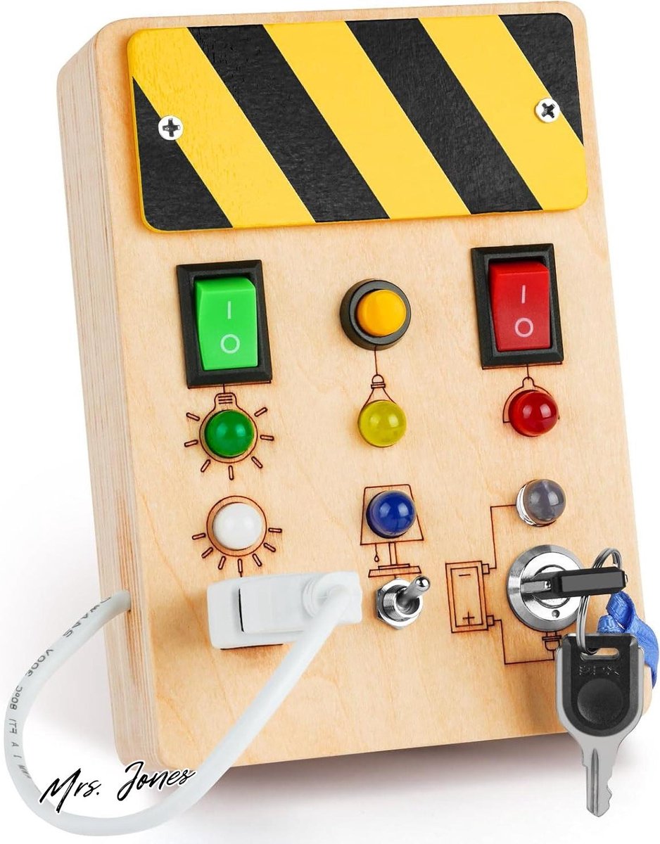 Mrs. Jones Montessori Busy Board speelgoed - activiteitenbord houten speelgoed met 6 led lichtschakelaar - motorisch speelgoed sensorisch speelgoed kinderspeelgoed voor 2-5 jarigen .