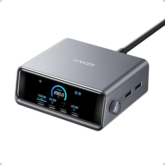 Anker Prime Lader (250W, 6 Poorten, GaNPrime) - 4x USB-C & 2x USB-A - Dynamic Power Distribution - Smart Display - Snelladen tot 140W - ActiveShield 2.0 - Compact & Krachtig