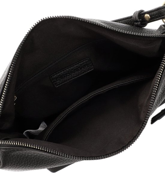 Binnenkant van de zwarte tas met ritssluiting en merklabel van Emily & Noah.