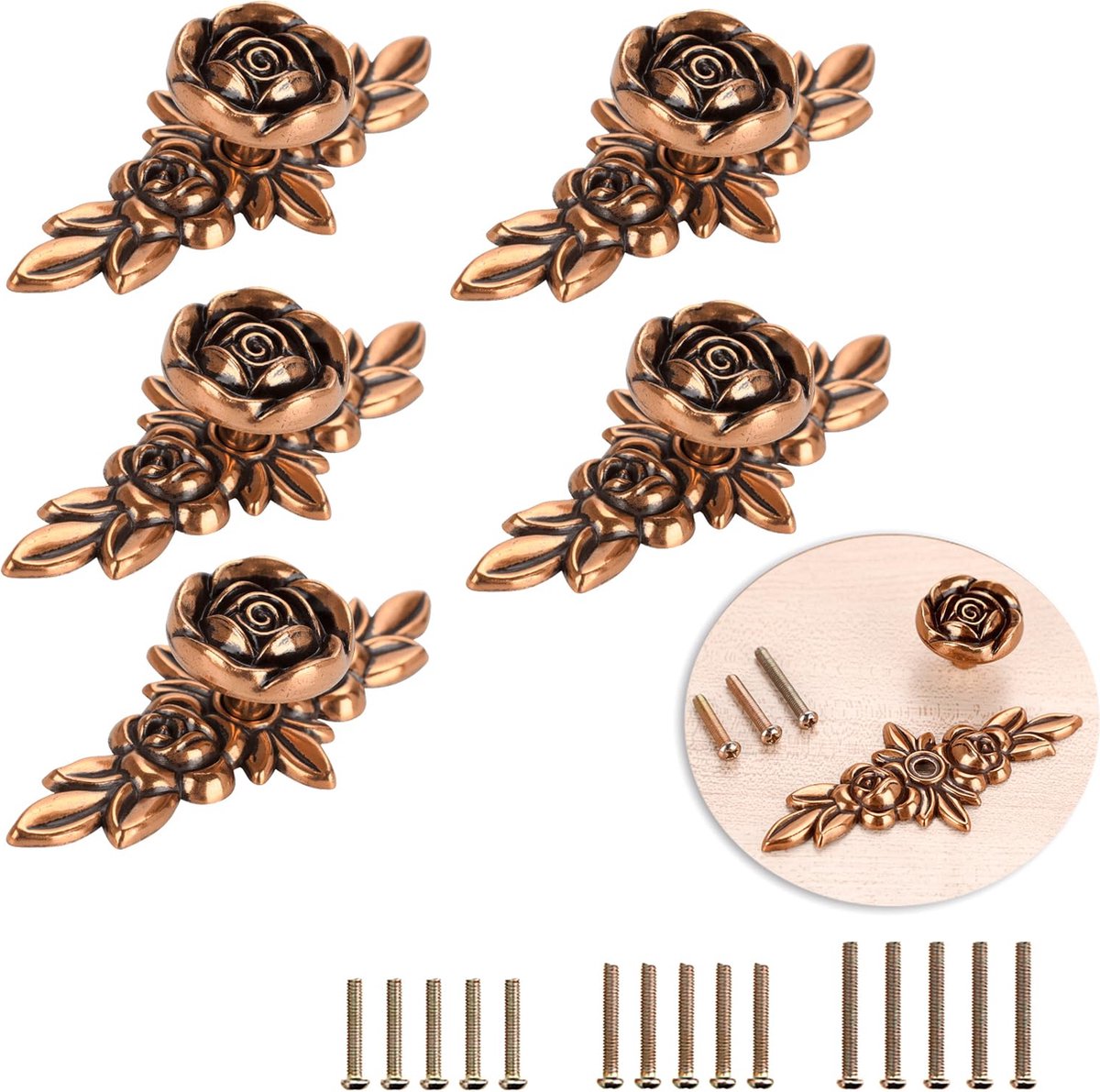 JGS ® Elegante Antieke Roosvormige Meubelknoppen Set voor Schuifladen en Kasten - 5 Stuks