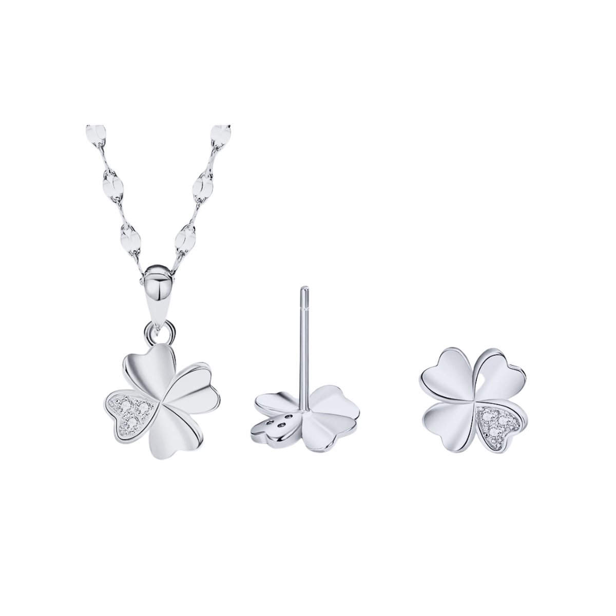 ASTRADAVI S925 Sterling Zilver - Sieraden Geschenkset - Hanger Ketting Zirkonia Klavertje Vier - met Bijpassende Oorbellen - Zilver