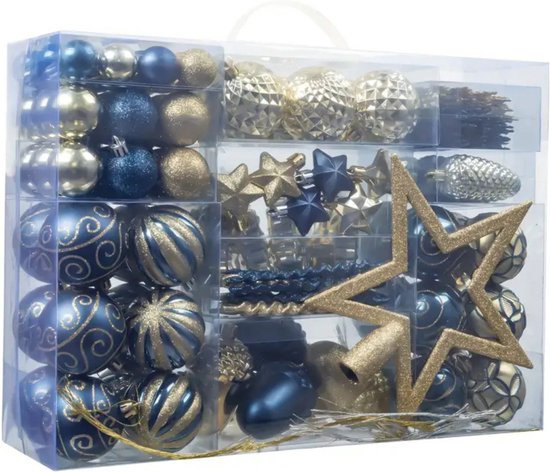 Boules de Noël Bovista - Décorations de Noël - Plastique - Blauw/ Goud - Ensemble de boules de Noël - 110 pièces
