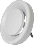 Witte ronde ventilator met een gebogen rand en een centrale schijf.
