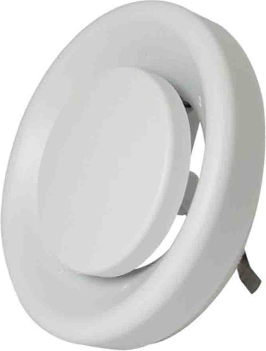 Witte ronde ventilator met een gebogen rand en een centrale schijf.