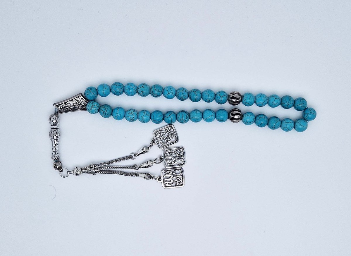 Handgemaakte tesbih "tasbih" natuursteen " Turkoois " - Aantal kralen 33 - Diameter kralen 10 MM - met metaal tassel "model 4" - Een mooi cadeau-idee