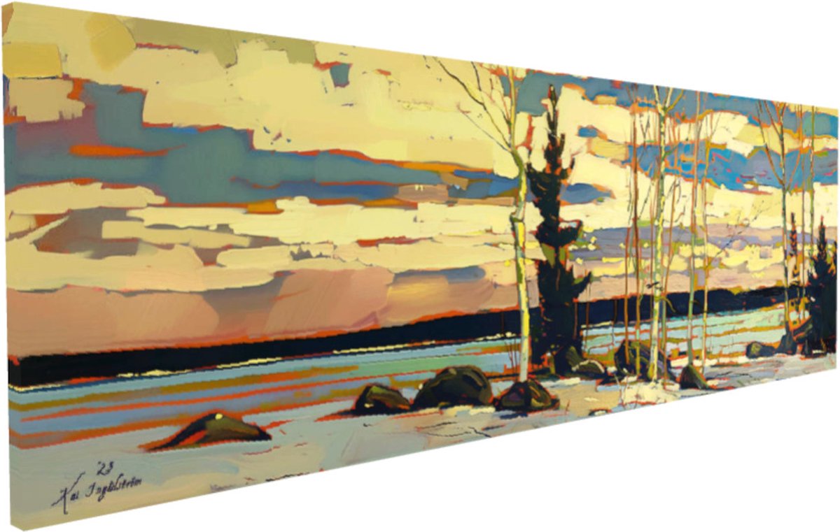 Kai Ingåilström - Natuur Landschap Bossen & Rivier bij Zonsopkomst Kunst Panorama Schilderij No. 53 - Fine Art Print op Canvas 90x30 cm