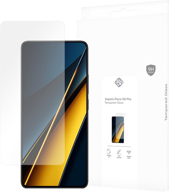 Gehard glas screenprotector voor Xiaomi Poco X6 Pro, naast de verpakking.